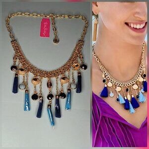 Lilly Pulitzer Seaside Tassel Necklace Choker hardware Capri Teal Gold Tone